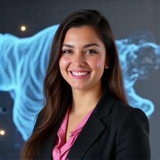 Retrato profesional del Modelador 3D, con un fondo de malla 3D sutil y un tigre en construcción