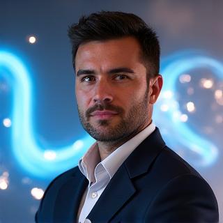 Retrato profesional del Líder de VFX, con un fondo de efectos visuales de agua y luz interactuando