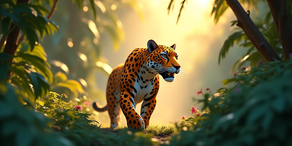 Un jaguar estilizado en 3D en un entorno de selva tropical, representando la misión de Selva Bloom
