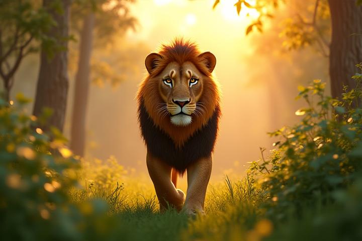 León en entorno natural, animación 3D